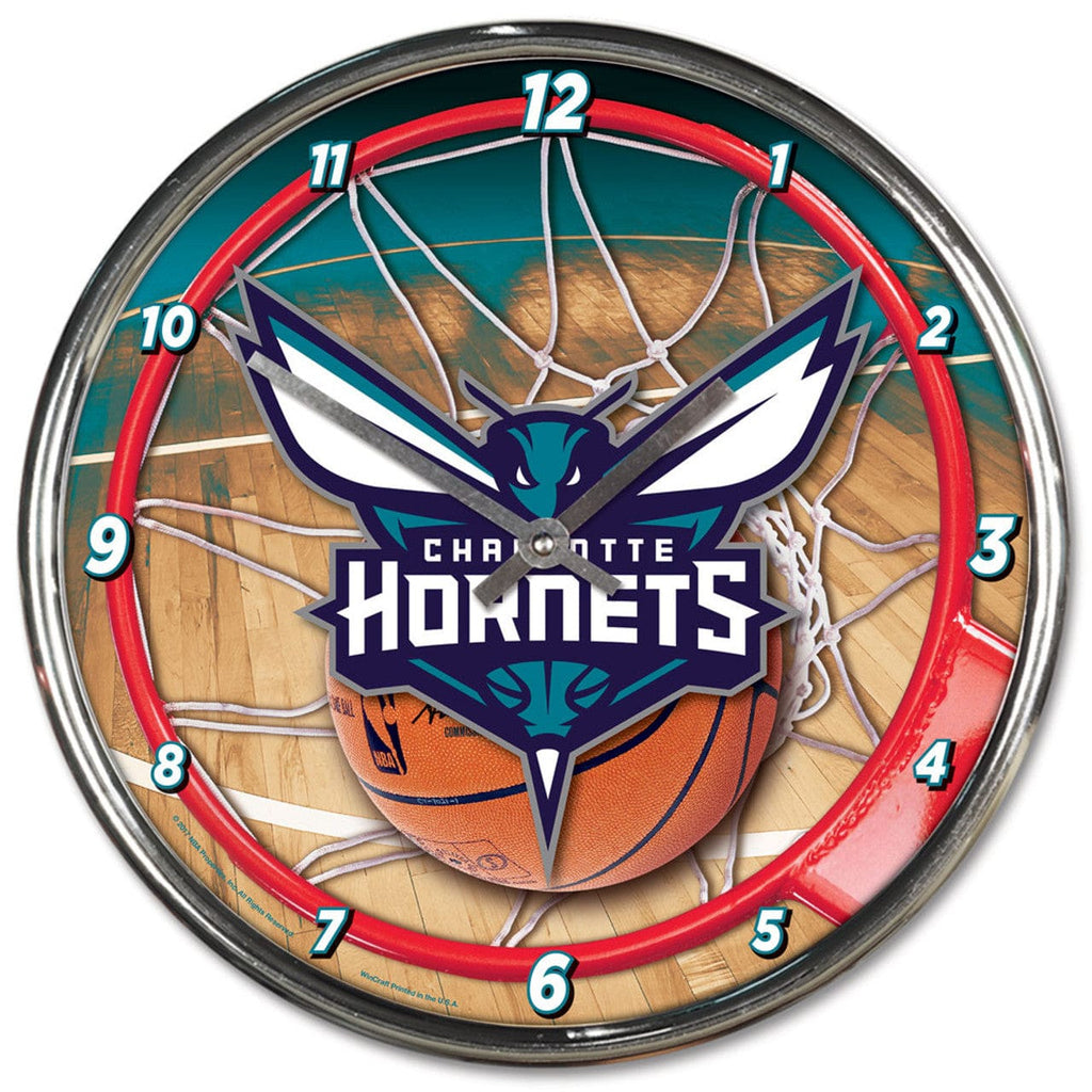 Clock Round Chrome Wall Charlotte Hornets Clock Round Wall Style Chrome 010943278169