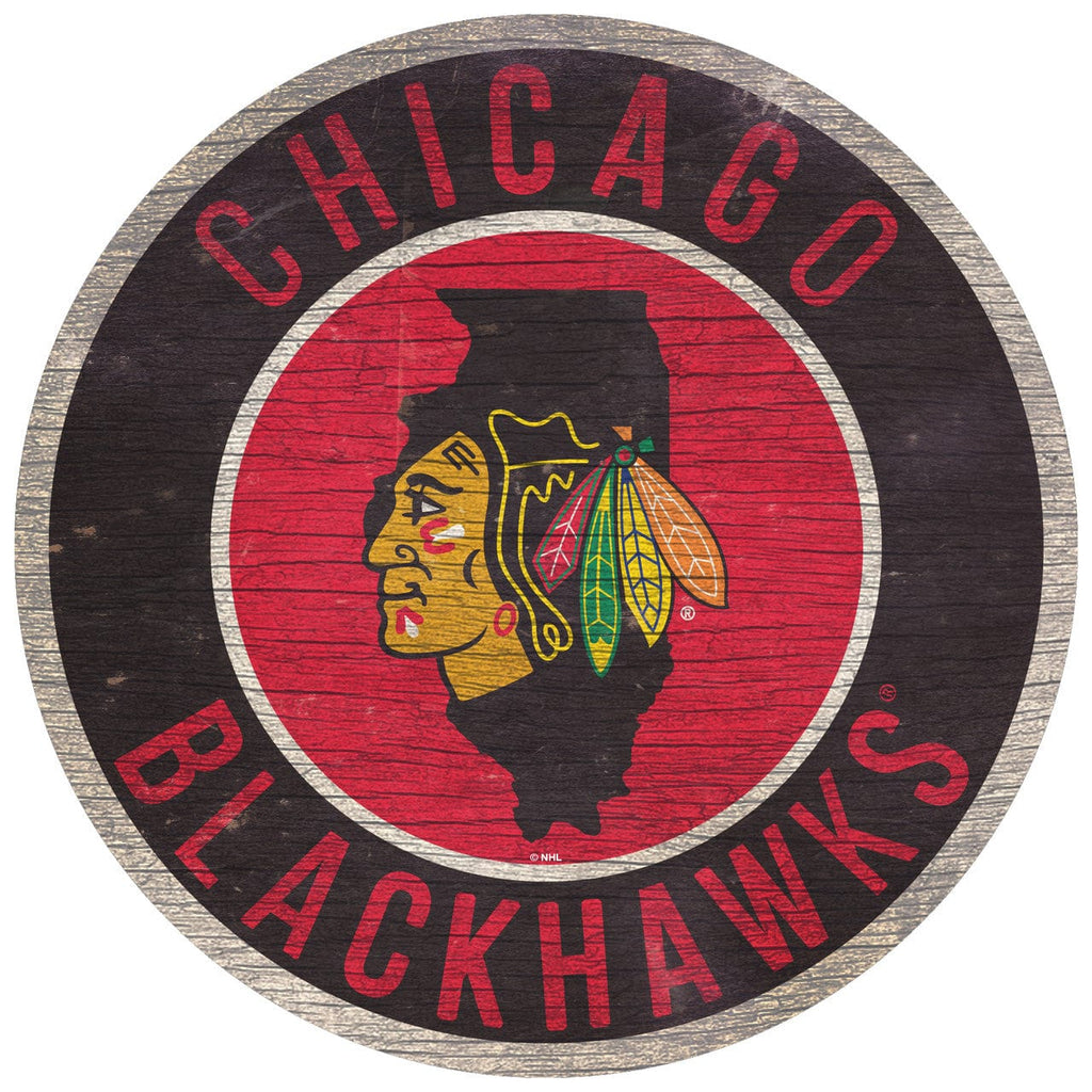 Chicago Blackhawks Chicago Blackhawks Sign Wood 12 Inch Round State Design 878460371066