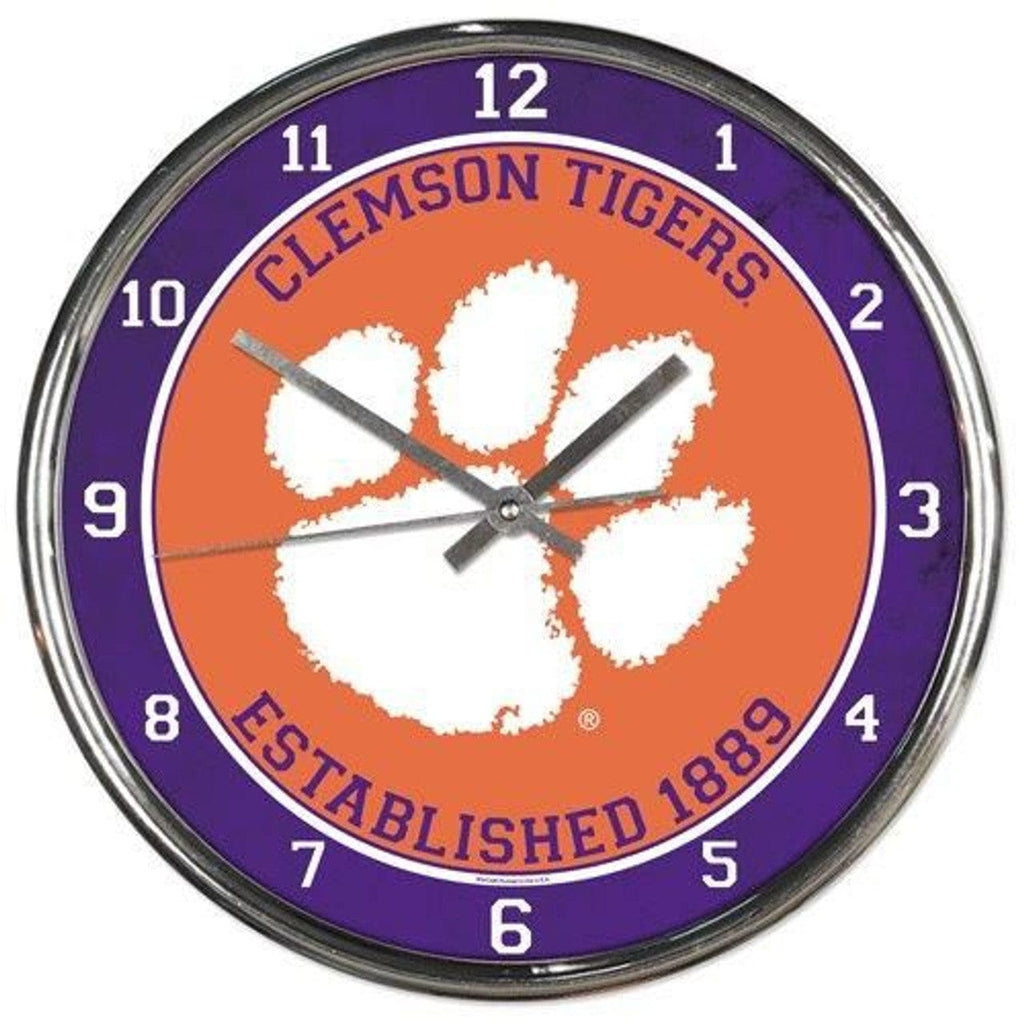 Clock Round Chrome Wall Clemson Tigers Clock Round Wall Style Chrome 010943279647