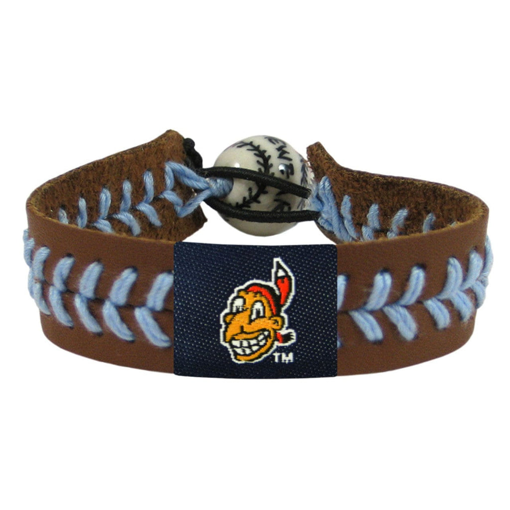 MLB Legacy Teams Cleveland Indians Bracelet Team Color Baseball Chief Wahoo Brown Leather Blue Thread CO 844214044135