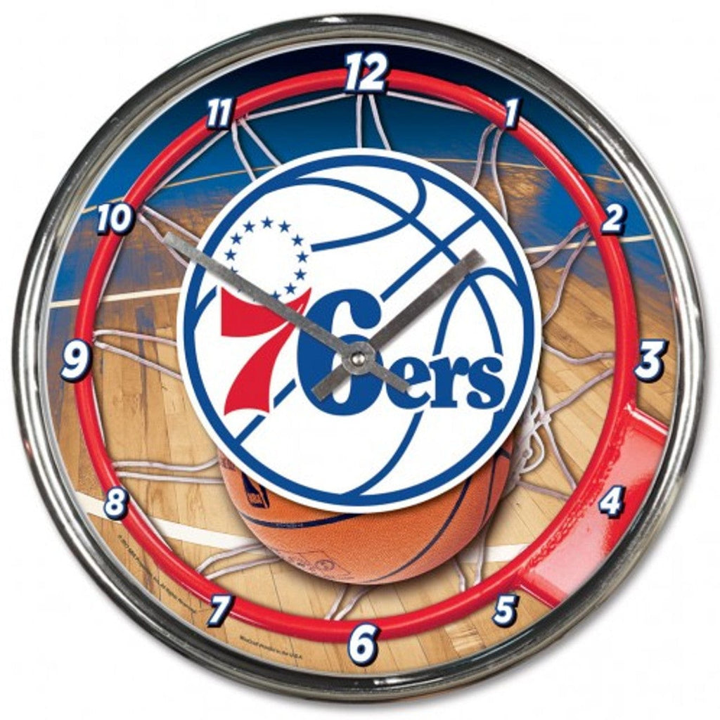 Clock Round Chrome Wall Philadelphia 76ers Clock Round Wall Style Chrome 010943278015