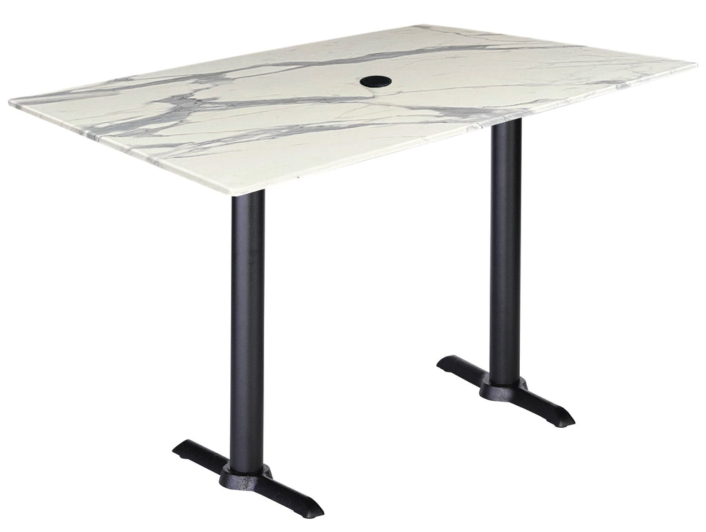 Two 36" Tall OD211EB Indoor/Outdoor All-Season Table Bases with a 30" x 48" White Marble Top with Umbrella Hole OD211EB-36BWODS3248WMU