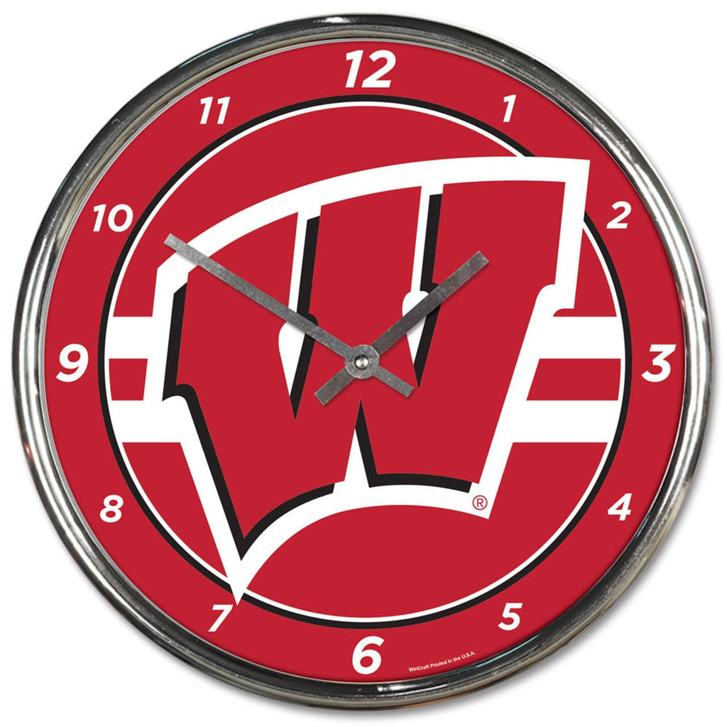 Clock Round Chrome Wall Wisconsin Badgers Clock Round Wall Style Chrome 010943280094